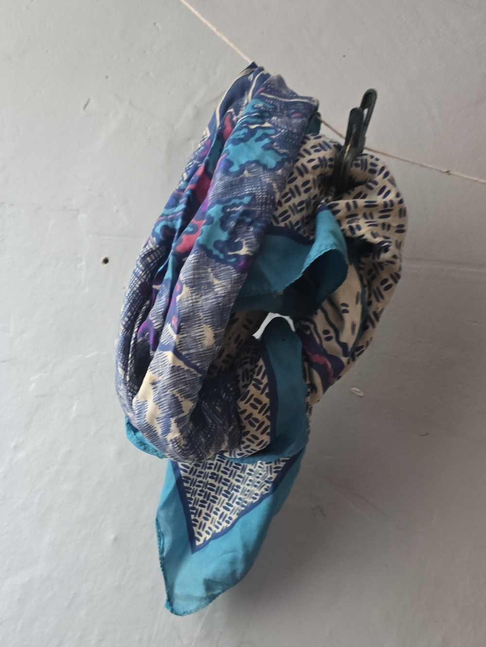 Vintage 60s 70s  Large Silk Scarf *Damaged - Abstract Design Blue Purple White